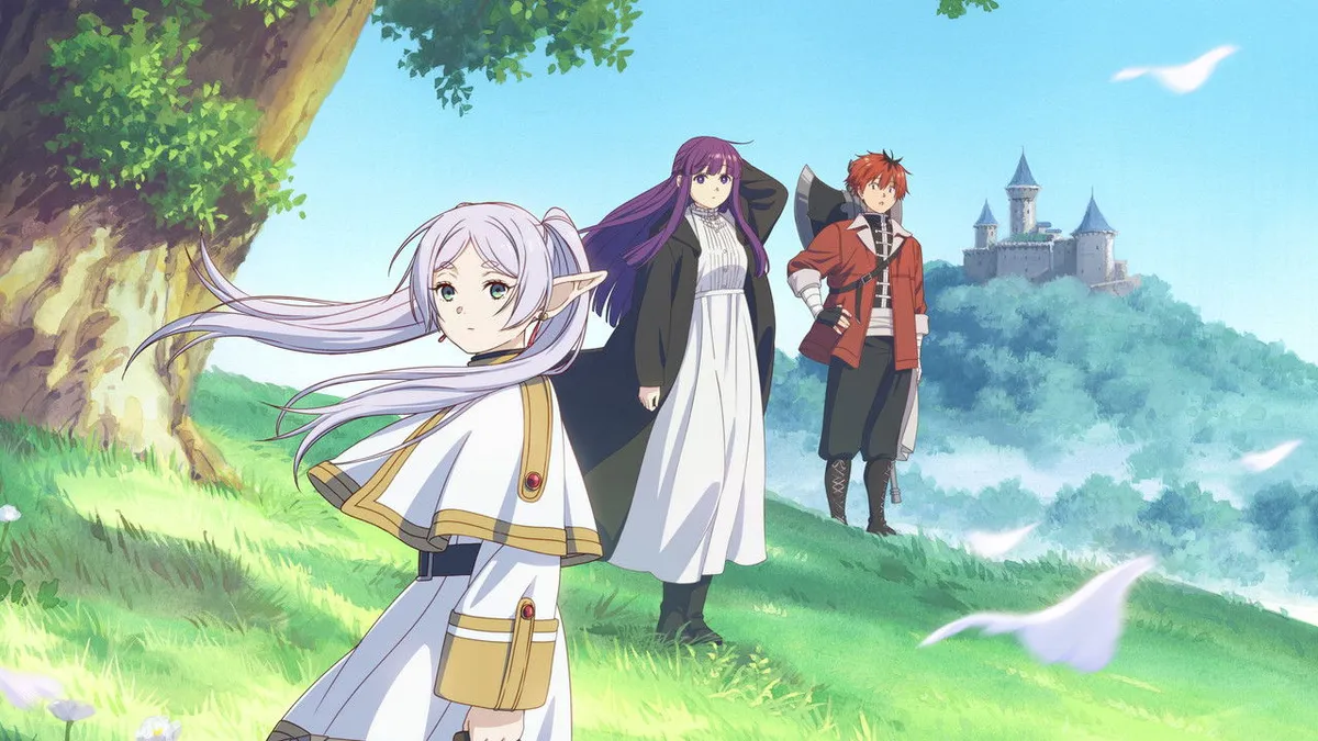 Frieren, Fern and Stark standing on a grassy hill with a castle behind them in Frieren: Beyond Journey's End
