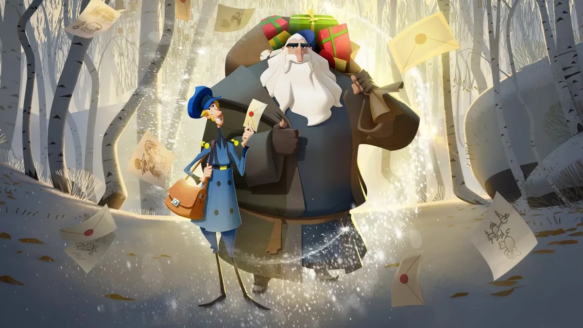 Klaus carrying a sack of toys with the postman Jesper in a snowy forest in Klaus