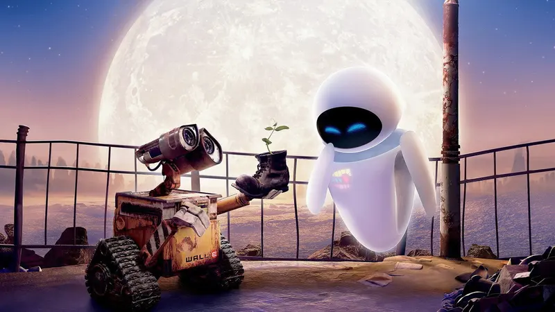 WALL-E and EVE sitting together under a full moon in WALL-E
