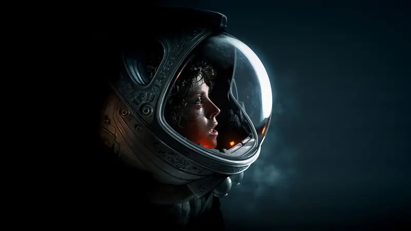 Sigourney Weaver as Ripley inside a spacesuit helmet in Alien