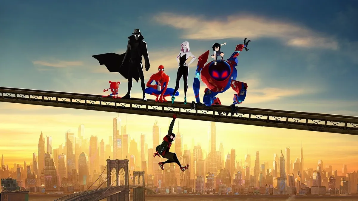 Miles Morales and other Spider-People perched on a beam above New York in Spider-Man: Into the Spider-Verse