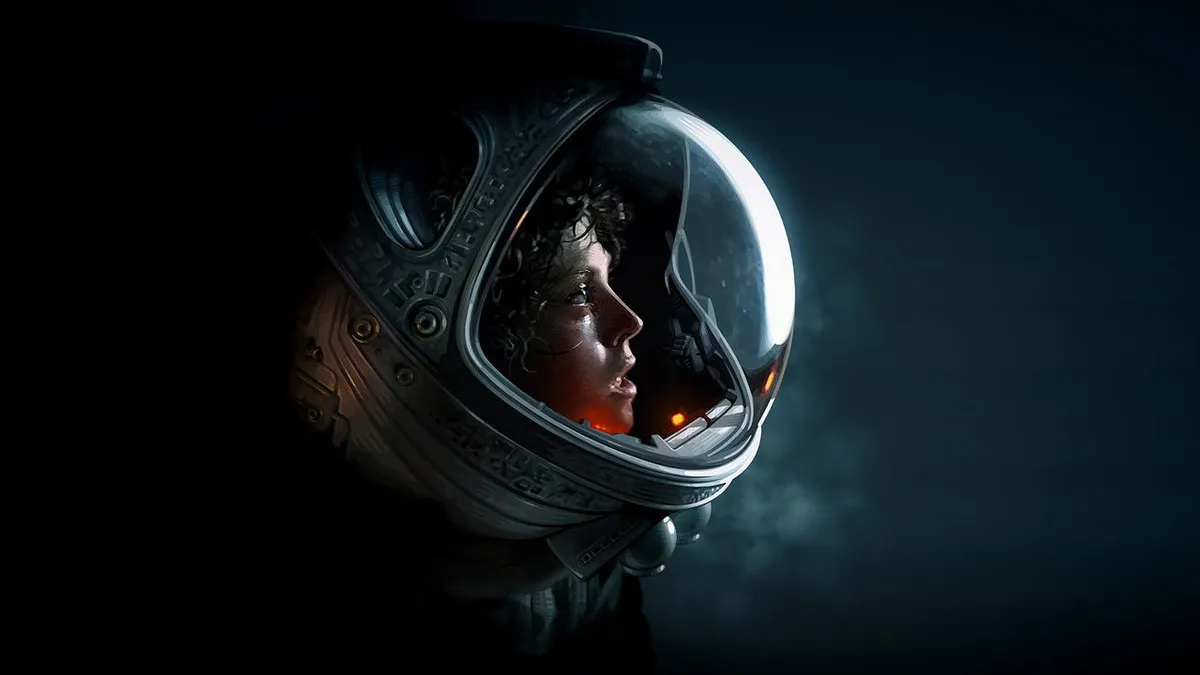Sigourney Weaver as Ripley inside a spacesuit helmet in Ridley Scott's Alien