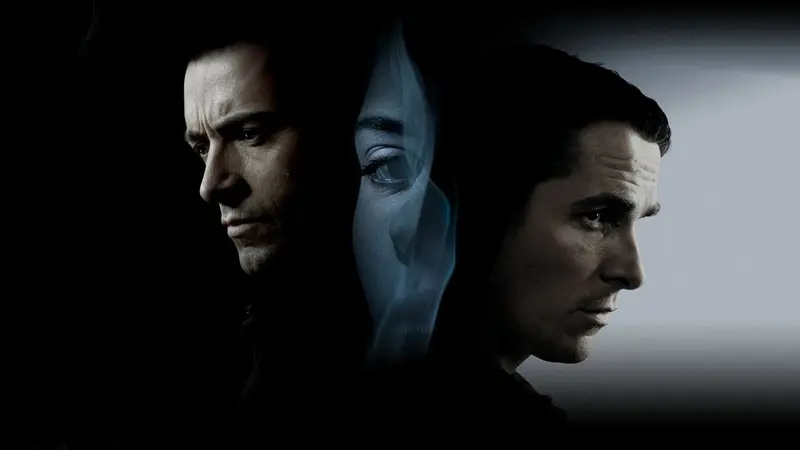 Hugh Jackman and Christian Bale facing in opposite directions in The Prestige key art