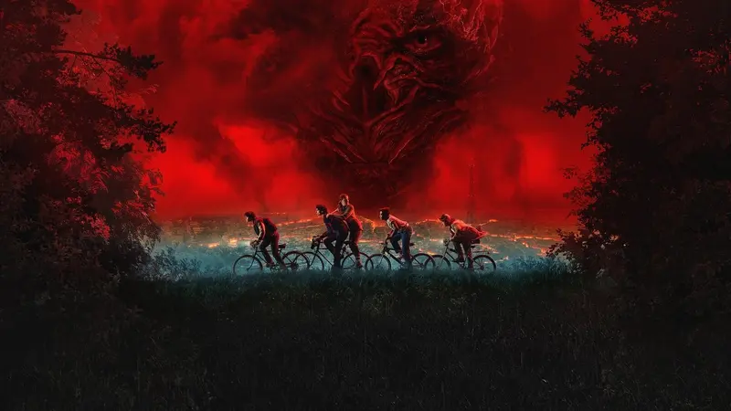 The kids of Hawkins on bicycles beneath a red sky in Stranger Things