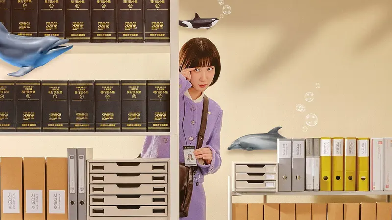 Park Eun-bin as Woo Young-woo with whale illustrations in her law office in Extraordinary Attorney Woo
