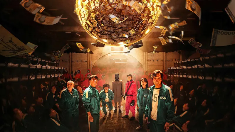 Contestants in green tracksuits beneath a giant piggy bank of cash in Squid Game