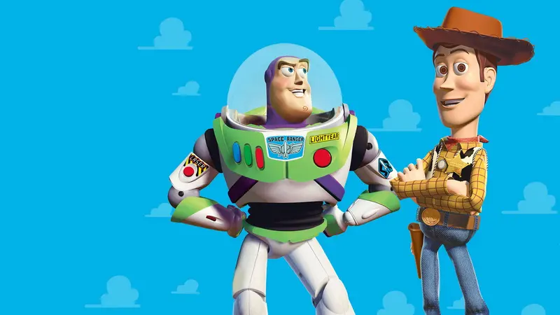 Buzz Lightyear and Woody standing together in Toy Story key art