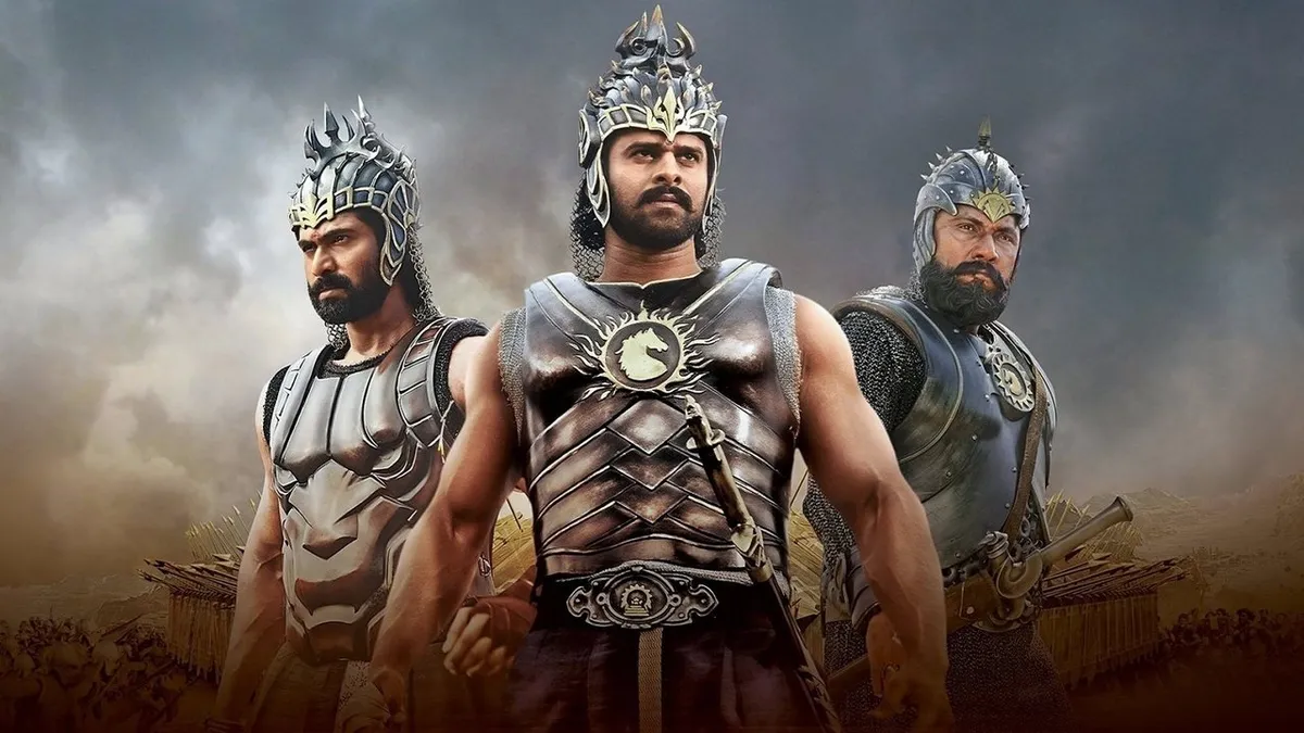 Prabhas and fellow warriors in armor in Baahubali: The Beginning key art