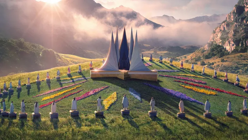 Tributes standing in a colorful mountain arena with a tower in the center in The Hunger Games: Sunrise on the Reaping